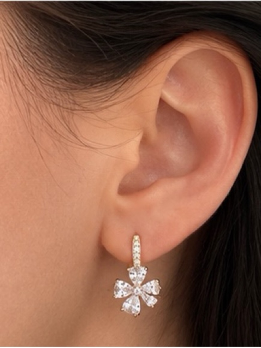 Gold Cubic Zirconia Flower Drop Earrings.